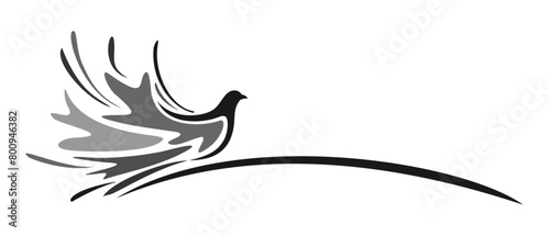 The stylized symbol of a flying dove.
