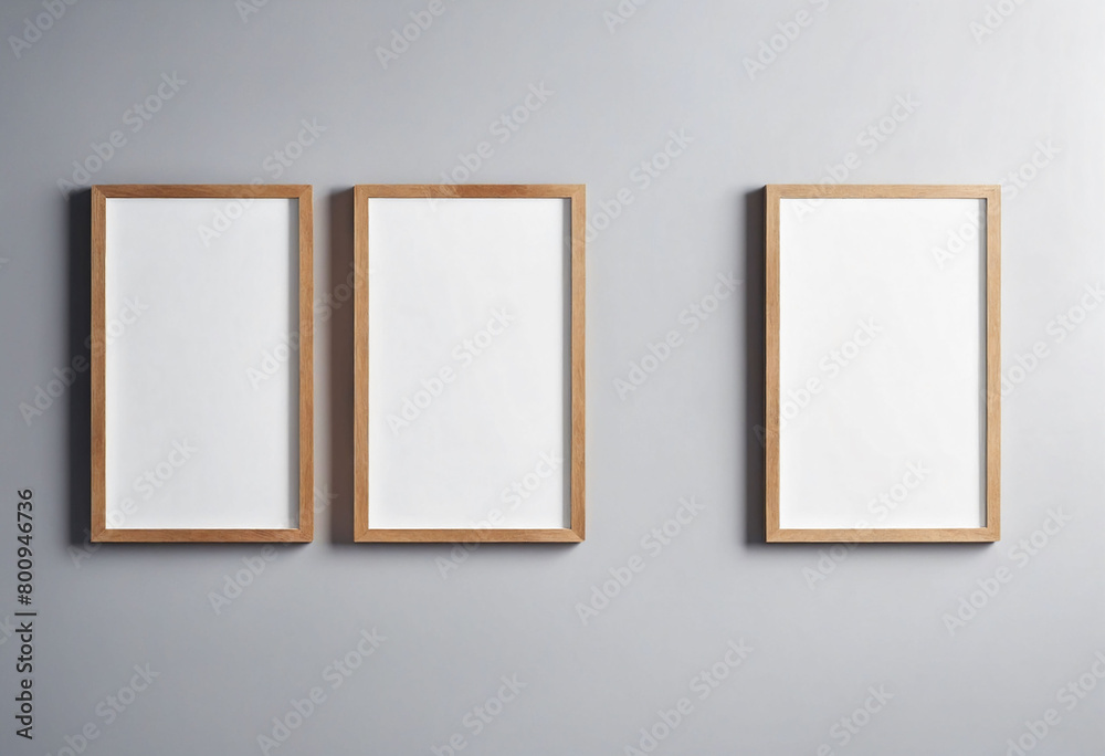 Close up of clean simple white blank frames with wooden frames of different sizes hanging up on a wall, bright lighting industrial feel - Mockup