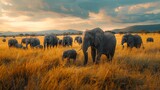 Herd of Elephants at Sunset in Savanna Grassland