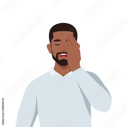 Young man with a gestures facepalm. Headache, disappointment or shame. Flat vector illustration isolated on white background