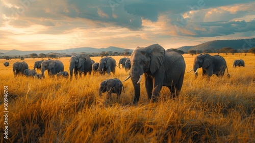 Herd of Elephants at Sunset in Savanna Grassland photo