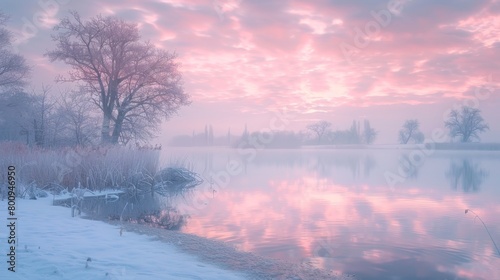 Pastel Sunrise Over Snow-Covered Winter Lake