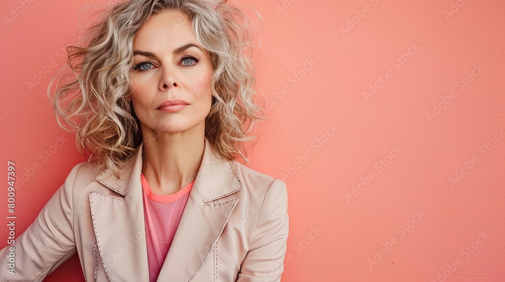 A woman with blonde hair and a pink shirt stands in front of a pink wall A woman with blonde hair and a pink shirt stands in front of a pink wall