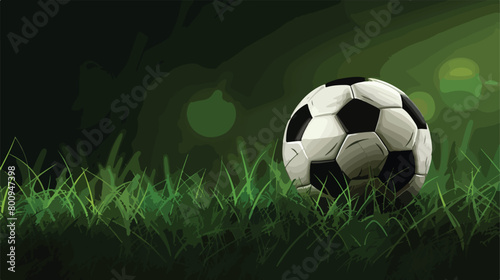 Soccer ball on green field against dark background Vector