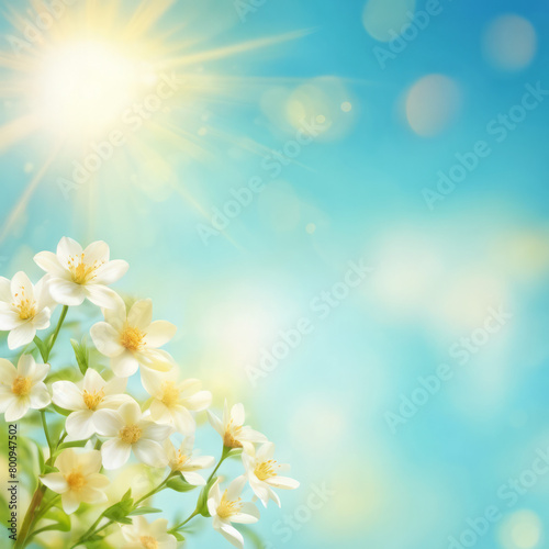 A fresh spring blue sunny sky background with blurred warm sunny glow. 