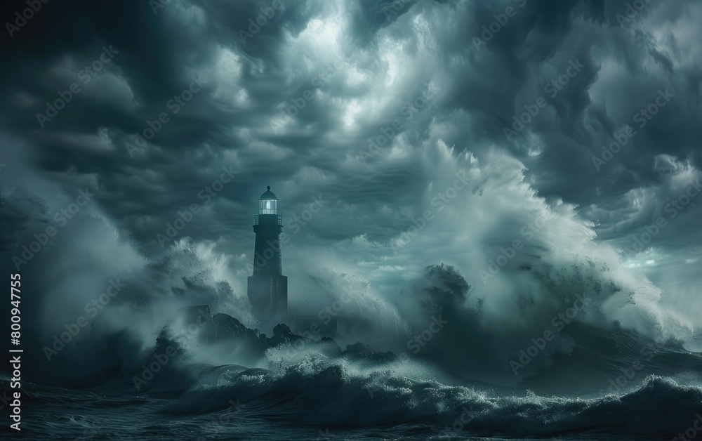 Lighthouse Engulfed by Crashing Waves, Waves Pound Against Stormy Seas, Lighthouse Braving the Onslaught of Waves