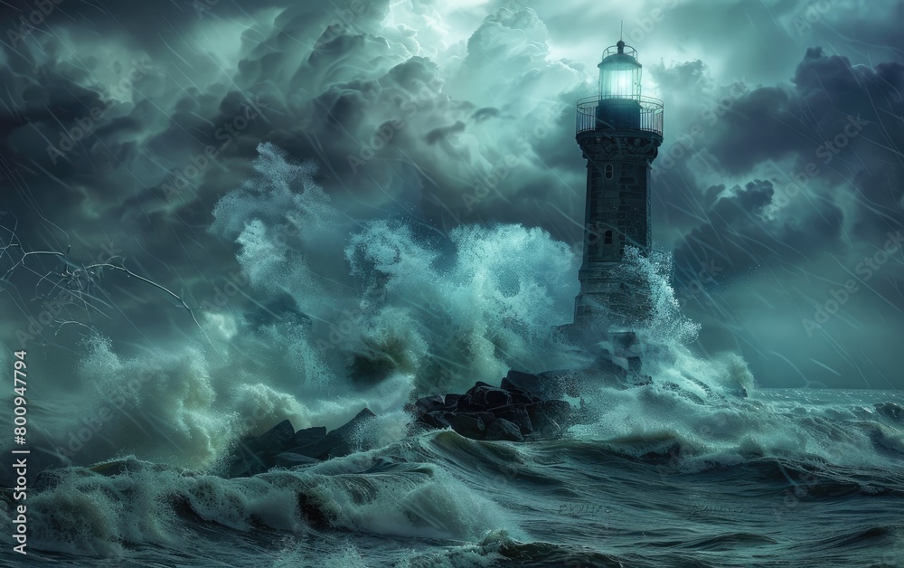 Waves Clash Amidst Stormy Seas, Lighthouse in the Tempest, Lighthouse Battling Furious Waves