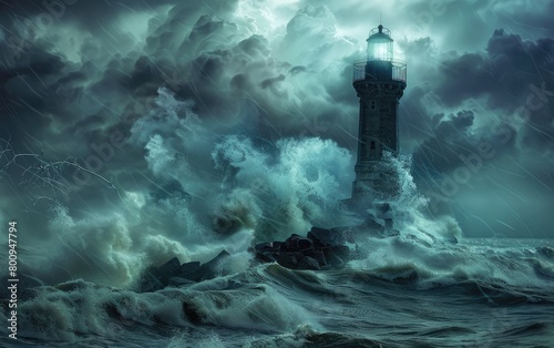 Waves Clash Amidst Stormy Seas, Lighthouse in the Tempest, Lighthouse Battling Furious Waves