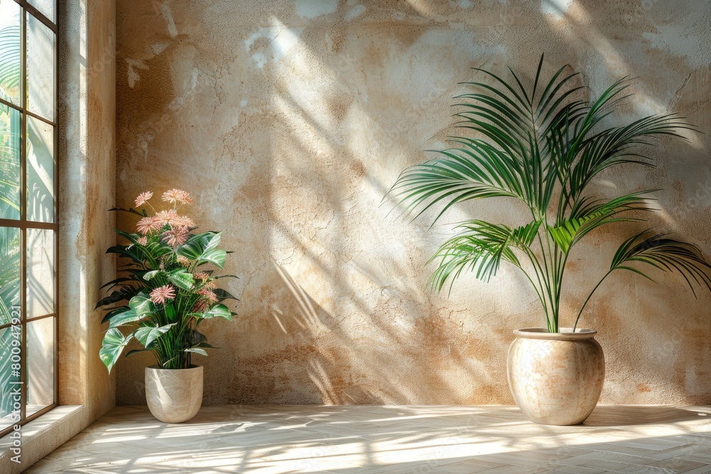 Fototapeta premium Minimal product placement background with palm leaves and shadow on wall. Luxury summer architecture interior aesthetic. Creative product platform stage mockup.