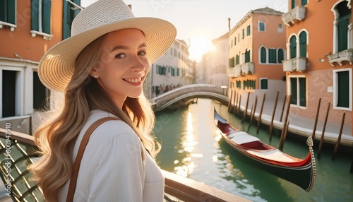 Young woman travel Italy. Vacation in Europe. Girl enjoy beautiful view in Venice. 