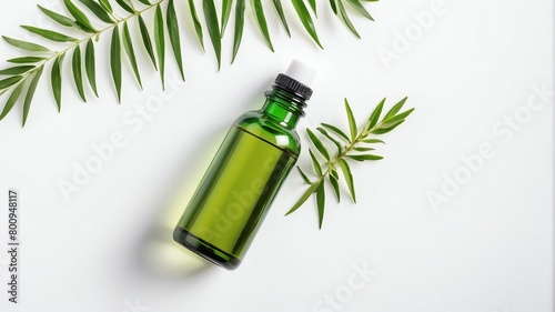 bottle of tea tree oil on plain white background from Generative AI