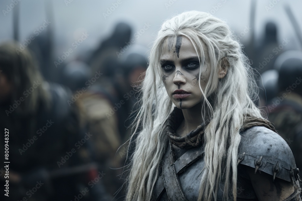 Mysterious woman with white hair and dark makeup in a gloomy setting Mysterious woman with white hair and dark makeup in a gloomy setting