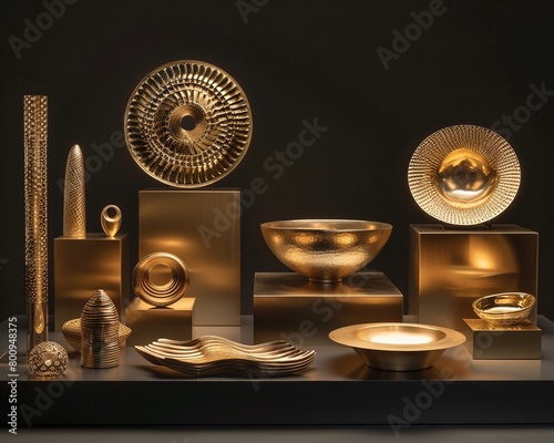 The image is of a variety of gold and silver objects displayed on black pedestals against a black background. The objects are mostly bowls, cups, and other types of vessels.