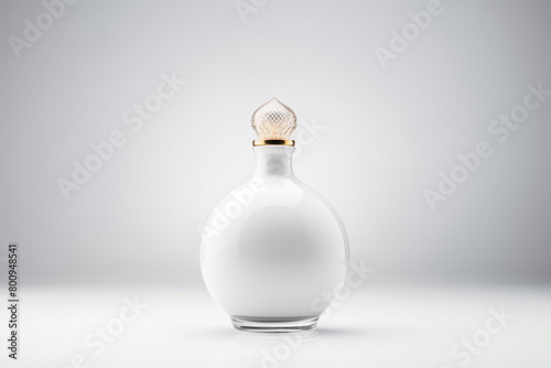 Glass perfume bottle on a white background. Rounded white cologne bottle for mockup with blank space. Generative AI. 