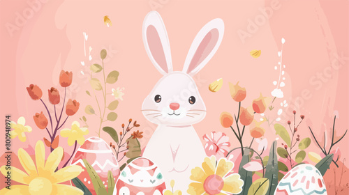 Stand with cute Easter bunny painted eggs and flowers