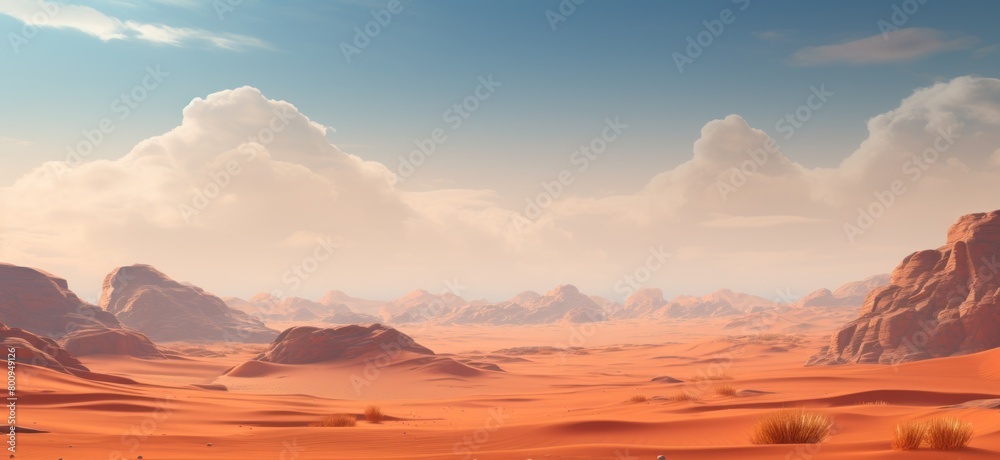 Naklejka premium Vast desert landscape with dramatic clouds and mountains