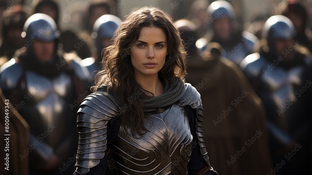 Powerful female warrior in armor leading a group of soldiers Powerful female warrior in armor leading a group of soldiers