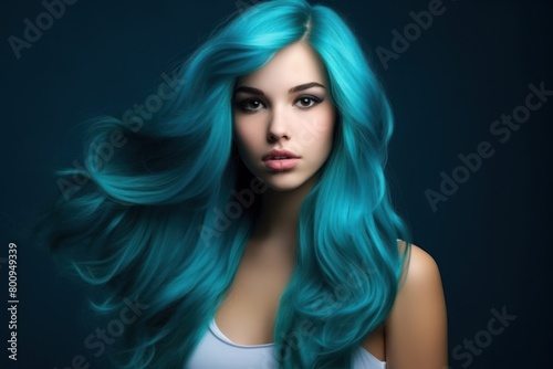 Vibrant blue-haired woman with intense gaze