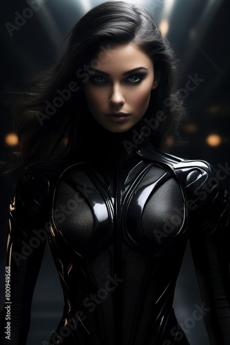 Powerful female superhero in dark costume