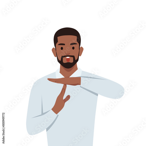 Young man upset showing a timeout gesture, needs stop, asks time for rest after hard work. Flat vector illustration isolated on white background
