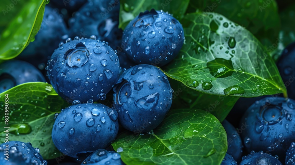 Close-up of fresh blueberries with dew on leaves. Close-up of fresh blueberries with dew on leaves.