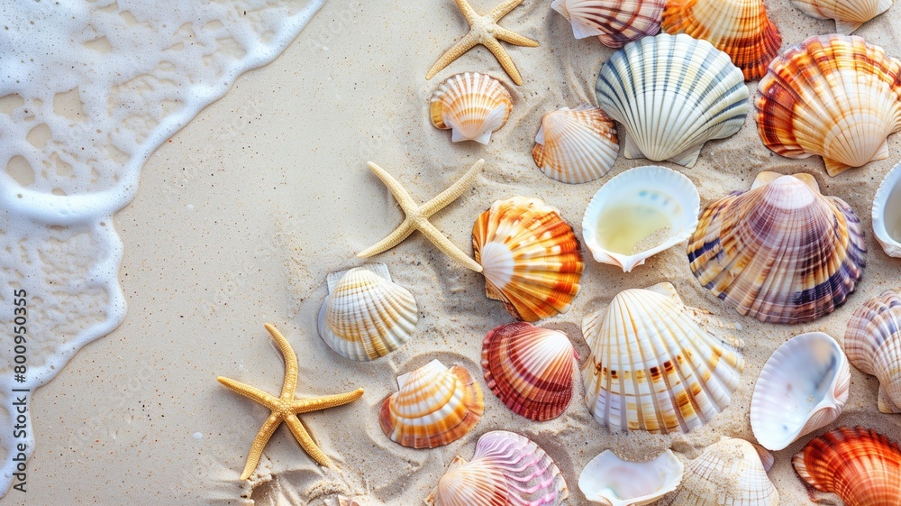 A variety of colorful seashells and starfish scattered on sandy beach with foamy wave.