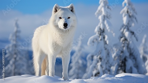 Majestic white wolf in snowy forest