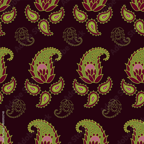 Vector maroon seamless pattern background: Marching Paisley.