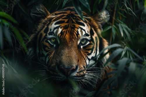 Der Kopf von einem Tiger zwischen Blättern