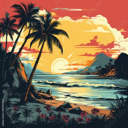 Tropical sunset landscape with palm trees and ocean