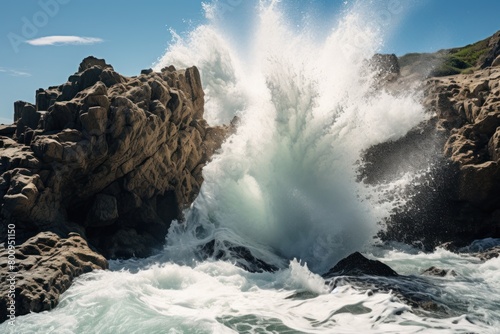 Powerful ocean waves crashing against rocky coastline