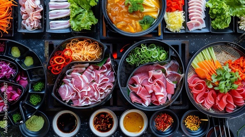 A colorful assortment of raw pork slices, fresh vegetables, and dipping sauces displayed on a table, ready for cooking on a tabletop grill, photo