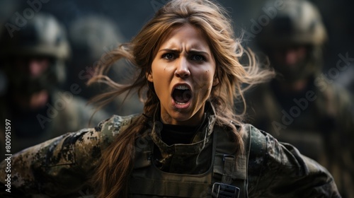 Intense female soldier in combat gear