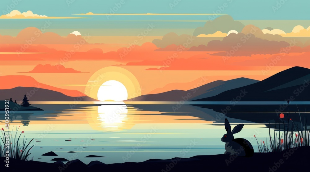 Serene Sunset Landscape with Rabbit Silhouette Serene Sunset Landscape with Rabbit Silhouette