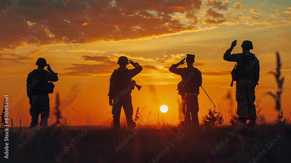 Squad of four Fully Equipped and Armed Soldiers Standing in Sunset Light, generative Ai