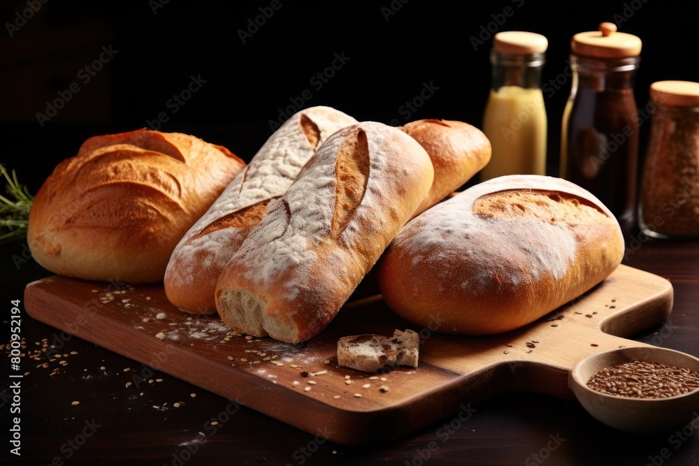 Assortment of freshly baked bread on wooden board
