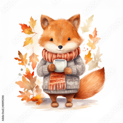 Cute fox character watercolor clip art illustration isolated on white background. Forest animal with cup of tea and knitted clothes. Cozy autumn fall atmosphere art in warm colors. Children storybook photo