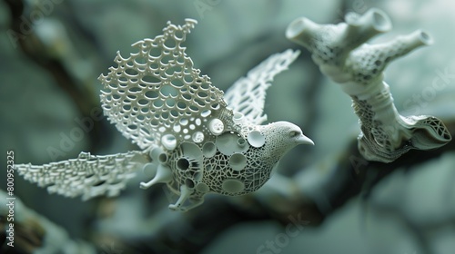 A 3D printed art piece exploring the intersection of technology and nature in a futuristic setting.