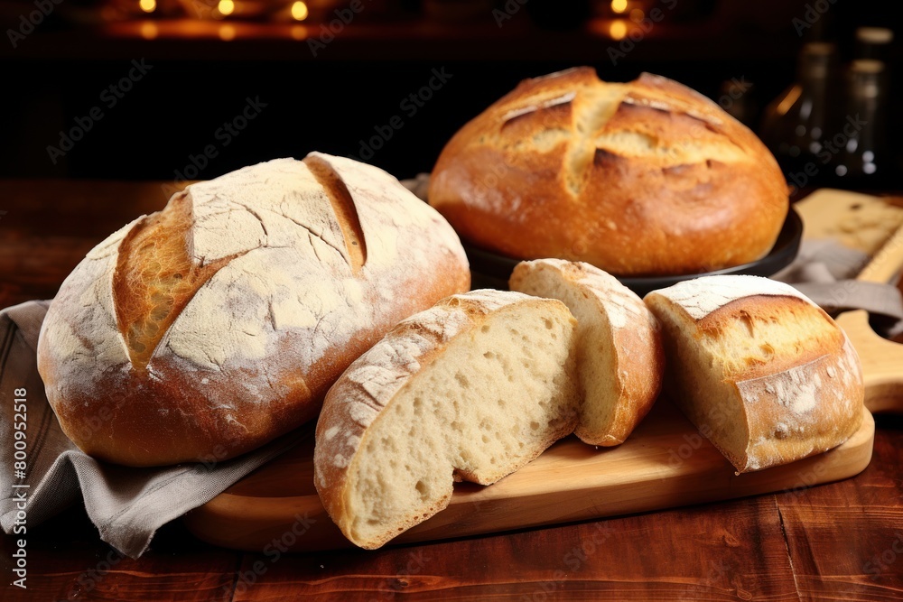 Freshly baked artisanal bread on wooden table