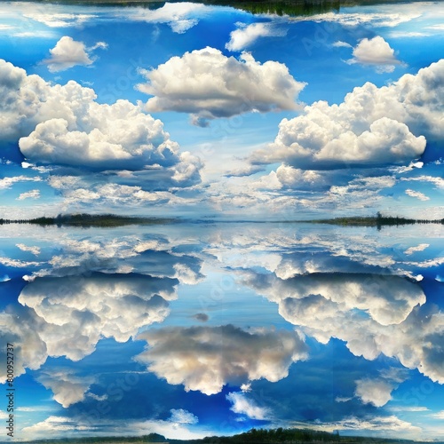 Seamless pattern of fluffy clouds reflected in a calm lake, Generative AI