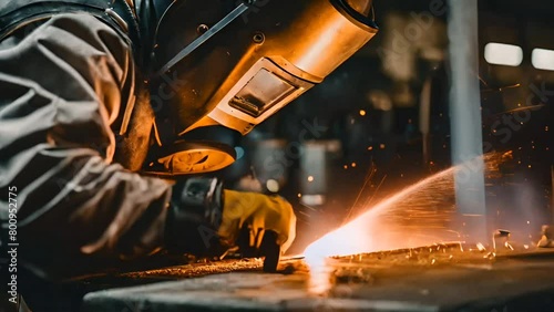 A man in a safety attire is working on a piece of metal in a factory. The scene is filled with sparks and debris, creating a sense of danger and excitement. The man is focused on his work photo