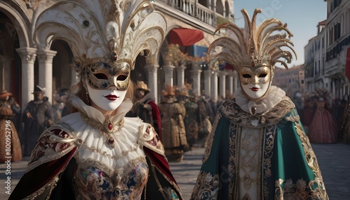 A Highly Realistic Rendering Of A Venetian Carnival  With Characters Wearing Intricate  Gem Encrusted Masks And Velvet Capes (1)