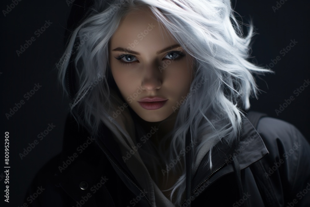 Mysterious woman with striking white hair Mysterious woman with striking white hair