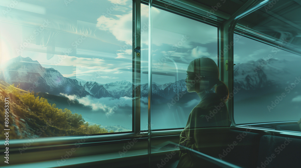 portraying the dual perspectives of clear glass surfaces, reflecting both the interior and exterior environments simultaneously. The scene could depict a traveler seated beside a window, their reflect portraying the dual perspectives of clear glass surfaces, reflecting both the interior and exterior environments simultaneously. The scene could depict a traveler seated beside a window, their reflect