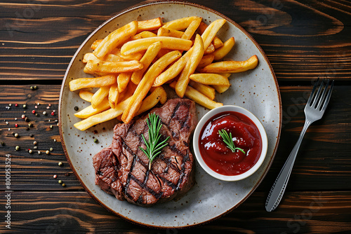 Grilled sliced beef steak with French fries and tomato sauce on white plate