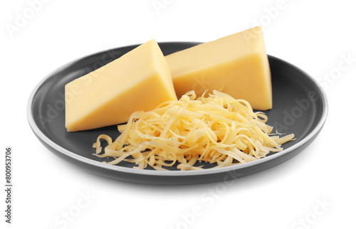 Grated cheese and pieces of one isolated on white