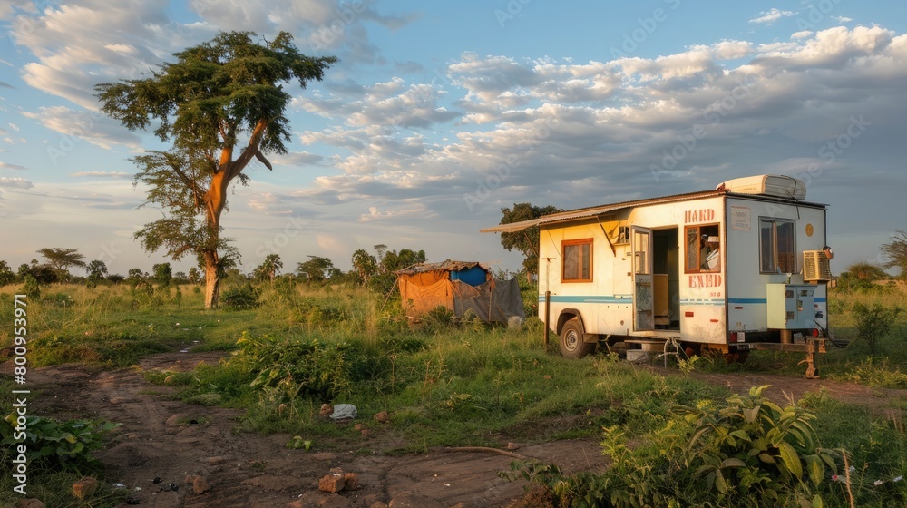 A mobile health clinic providing essential services to underprivileged communities in a rural setting. A mobile health clinic providing essential services to underprivileged communities in a rural setting.