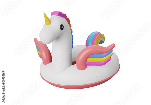 3D illustration rubber swimming ring in shape of white Unicorn