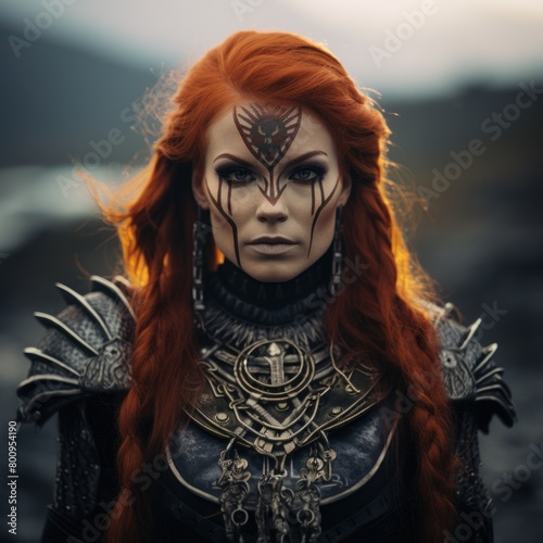 Fierce Warrior Woman with Striking Makeup and Armor