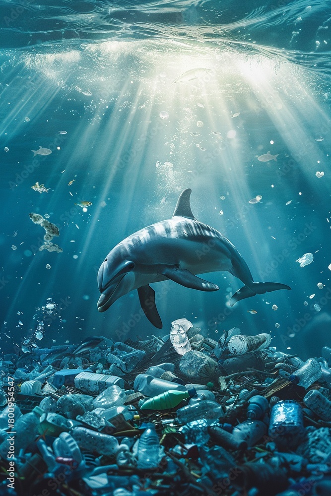 Fototapeta premium Dolphin with ocean trash side view